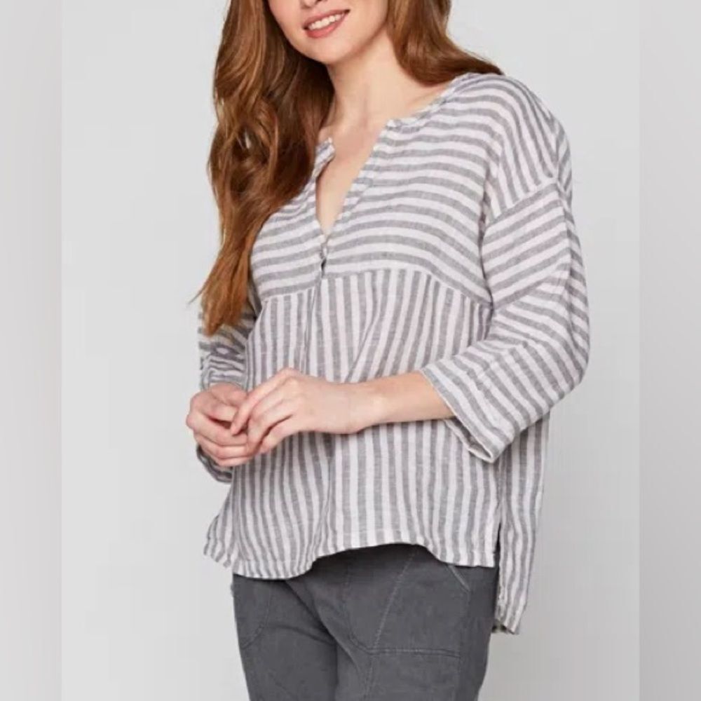 XCVI Gray 100% Linen Lagenlook Stripe V-Neck Boxy Loose Baggy Blouse L Comfort